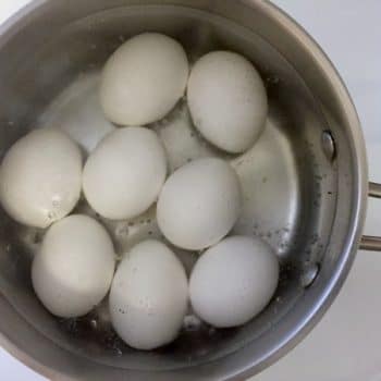 Eggs in a pot of simmering water