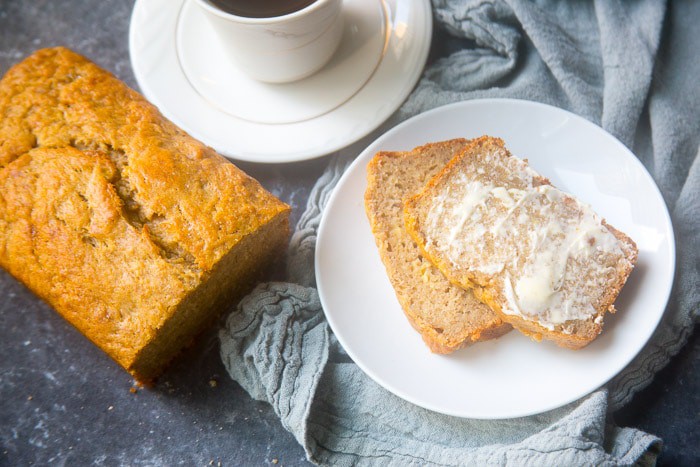 Sliced moist banana bread with butter