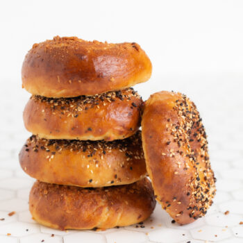New York-Style Bagels stacked on top of each other