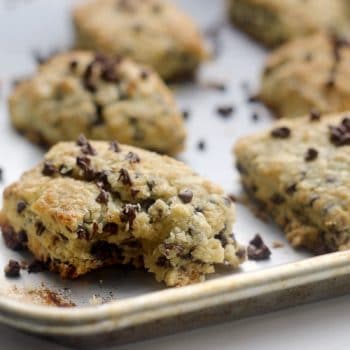 Chocolate chip scones on baking sheet