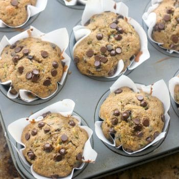 Chocolate Chip Zucchini Muffins in a muffin tin