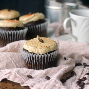 Chili Mocha Cupcake with a cup of coffee
