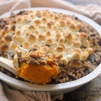 Roasted Butternut Squash topped with praline topping and toasted marshmallow