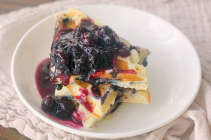 Blueberry Waffles topped with blueberry compote