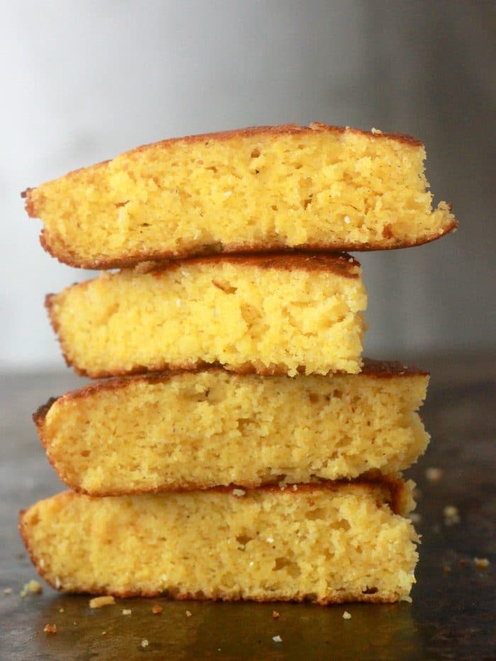 Cornbread slices stacked up on top of each other