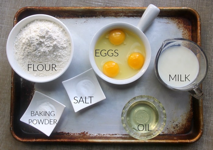 Ingredients for basic quick bread: flour, eggs, salt, baking powder, oil, milk