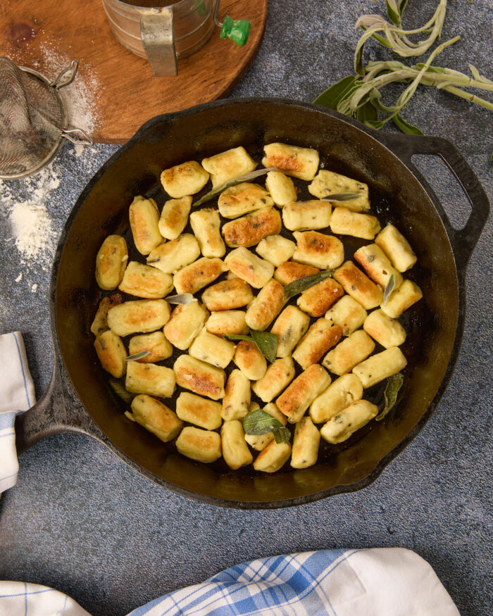 Parisian gnocchi in a pan with browned butter