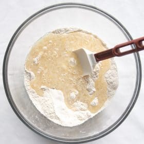 Wet ingredients poured into dry ingredients