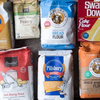 Packages of different types of flour: cake flour, white whole wheat flour, bread flour, whole wheat flour, self-rising flour, all-purpose flour, pastry flour