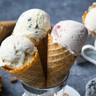 Homemade ice cream in waffle cones