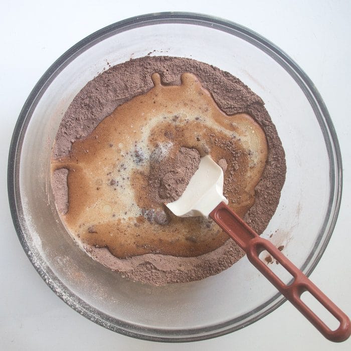 Wet ingredients poured into dry ingredients