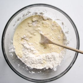 Wet ingredients poured into dry ingredients
