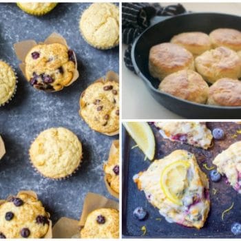 Collage of photos: various flavored muffins, Orange Cranberry Scones, Zucchini Loaf Bread