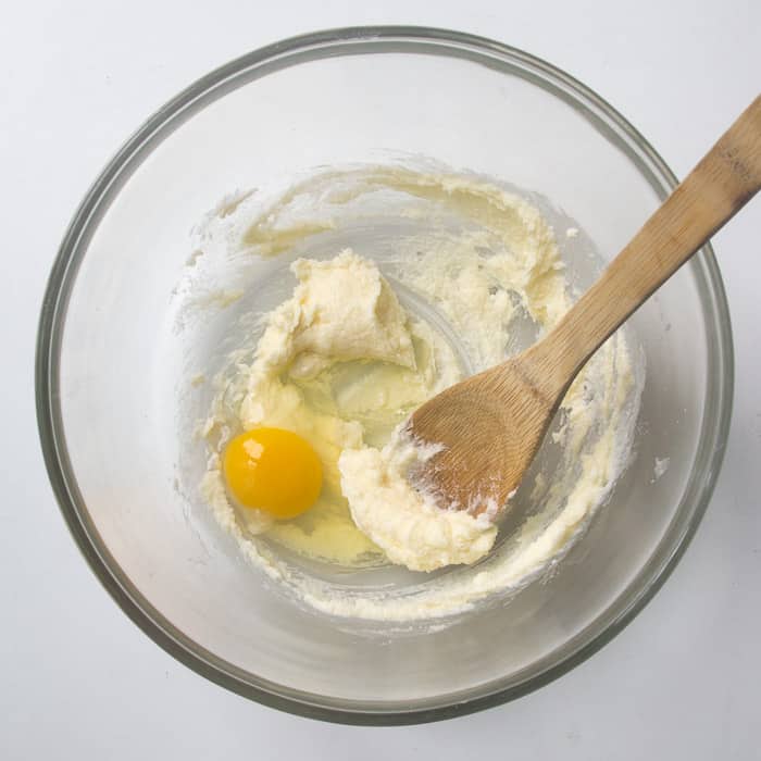 Eggs added to the butter, sugar and salt mixture