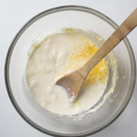 Eggs incorporated into butter/sugar mixture
