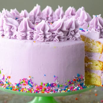 A beautifully frosted 3 layer cake with purple frosting, decorative frosting swirls on top and sprinkles