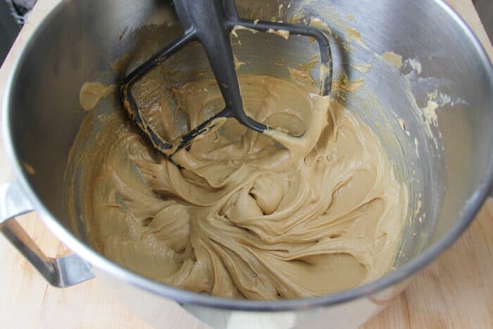 Butter and sugars creamed together in a stand mixer with paddle attachment