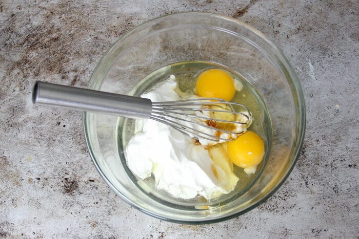 Wet ingredients in the bowl for blueberry bread