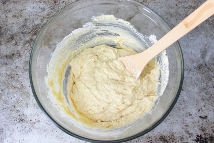 Wet and dry ingredients after being mixed for blueberry bread