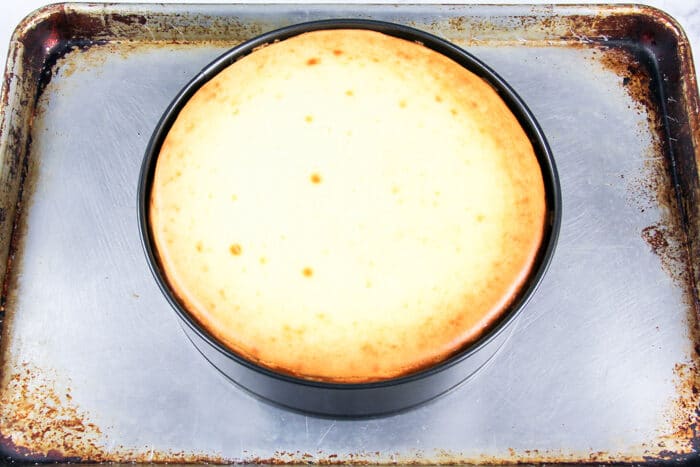Cheesecake after it is baked and still in the pan