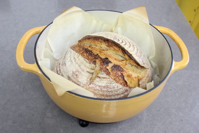 No-knead sourdough after being baked