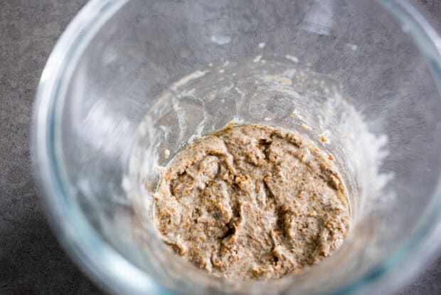 Sourdough starter on day 2 with a bit of hooch on top