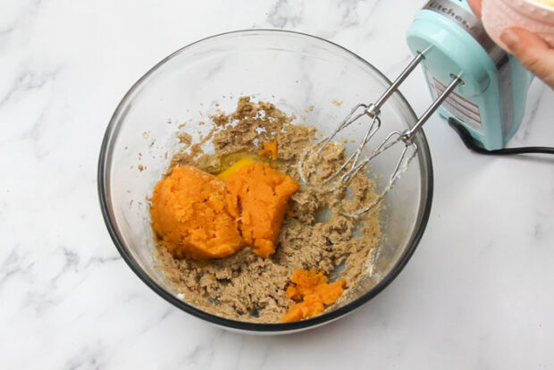 Ingredients in the bowl for sweet potato cookie dough