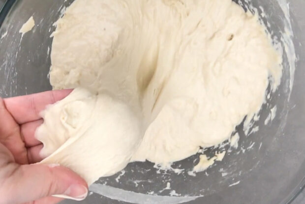 Flour and water mixture after resting looking smooth and elastic