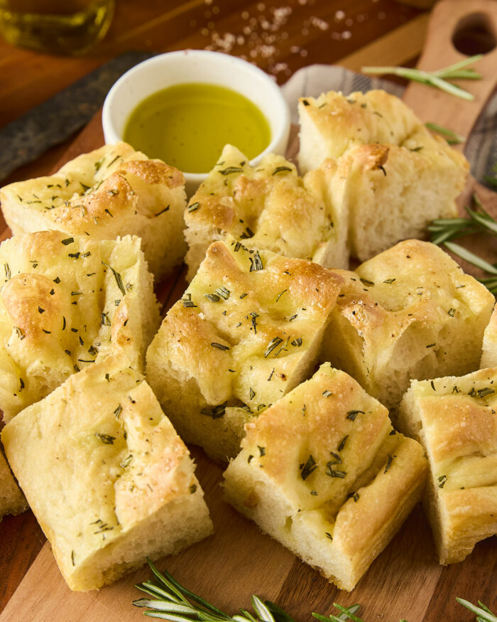 focaccia bread cut up into squares