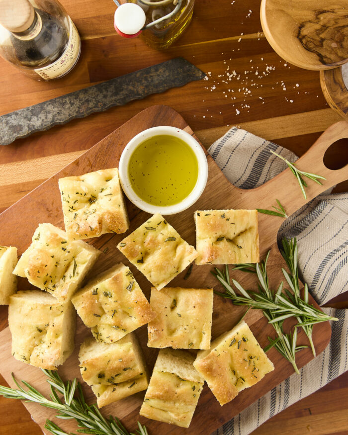 focaccia bread cut up into squares