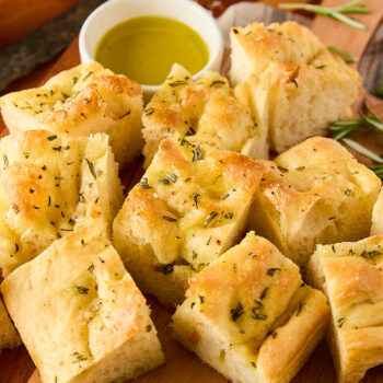 focaccia bread cut up into squares