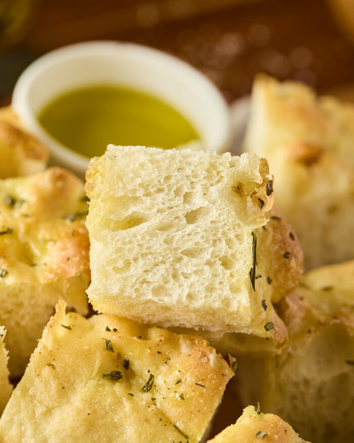 a closeup of the texture of focaccia bread