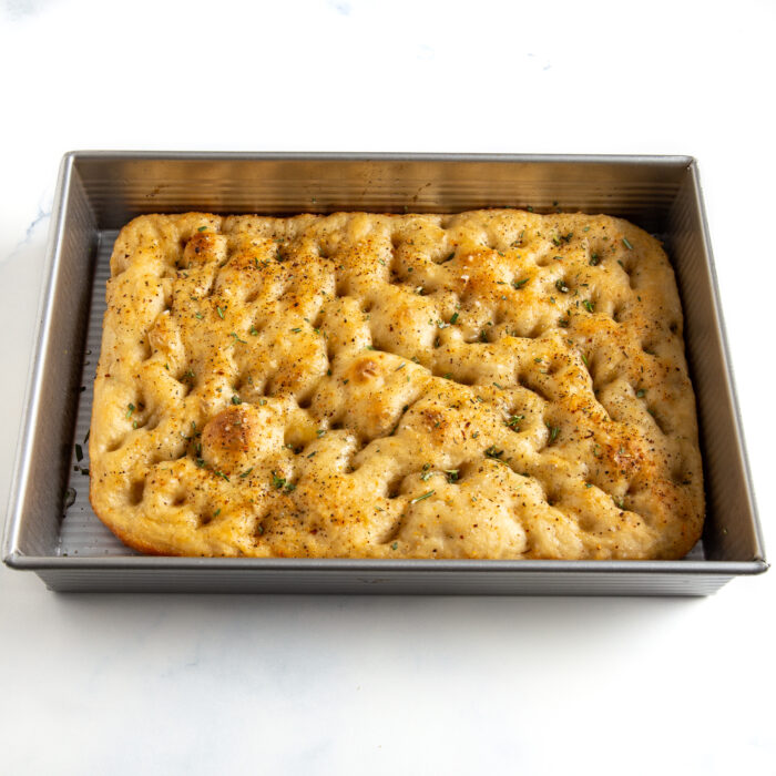 baked focaccia in a pan