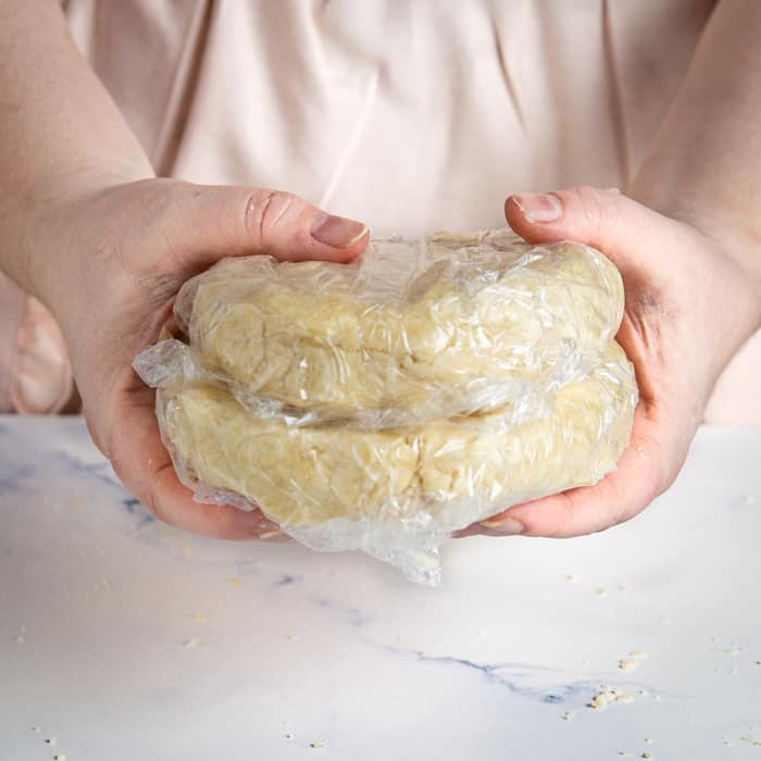 pie dough divided into two pieces and wrapped in plastic wrap