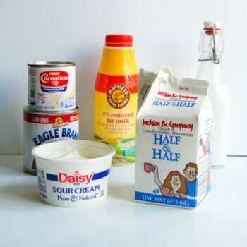 various dairy products including sour cream, half and half, cream, sweetened condensed milk, and condensed milk