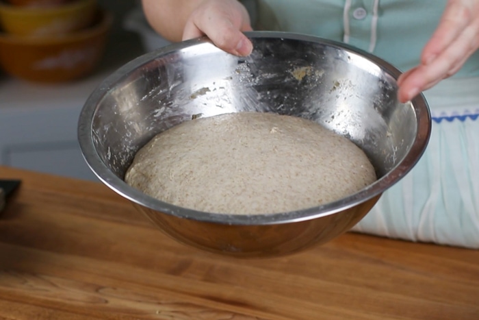 Dough in a bowl after bulk fermenting