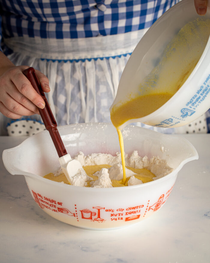 Pour the wet ingredients into the dry ingredients and stir together