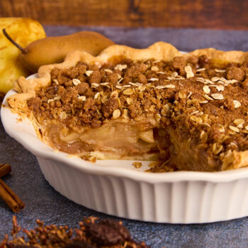 A closeup of the layers in a Dutch pear pie