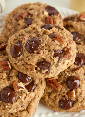 brown butter chocolate chip cookies stacked on a plate