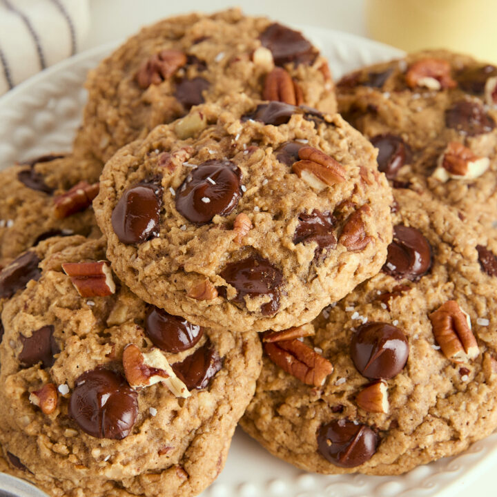 brown butter chocolate chip cookies stacked on a plate